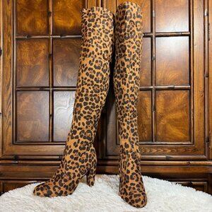 Wild Diva Camel Leopard Over the Knee Vegan Suede Boot